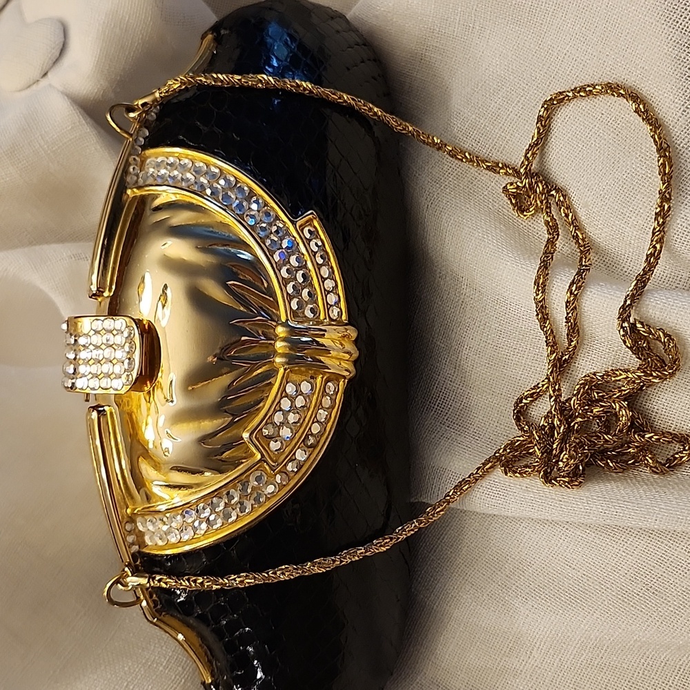 Vintage Dolly Duz Ex Cond Brass, Rhinestones & Snake Skin Shoulder/Clutch, $98